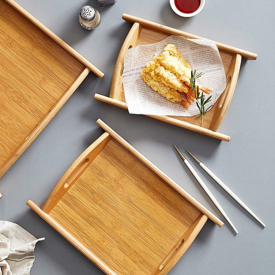 Nileco Wooden Serving Tray,Rectangle with Handles Serving Tray,Stylish Handmade Bamboo Tray,Serving Tray Large Dinner Drink Birthdays