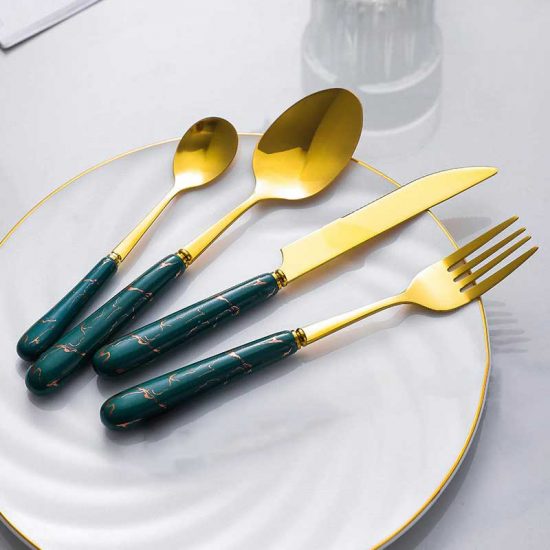 Stainless Steel Gold Cutlery Set With Dark Green Marble Pattern Handle - 24 Pcs | Kitchenware Cutlery Set