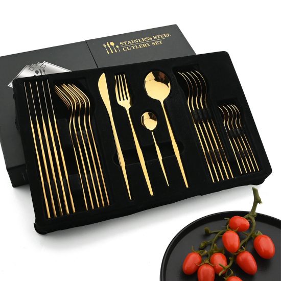 24Pcs Golden Cutlery Set Stainless Steel Knife Fork Spoon Tableware Flatware Set Festival Kitchen Dinnerware Gift