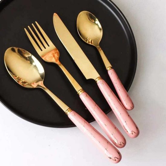 Stainless Steel Gold Cutlery Set with Pink Marble Pattern Handle - 24 pcs | Fork and Spoons Sets