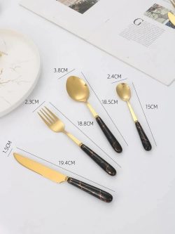 Stainless Steel Gold Cutlery Set With Black Marble Pattern Handle - 24 Pcs | Kitchenware Cutlery Set