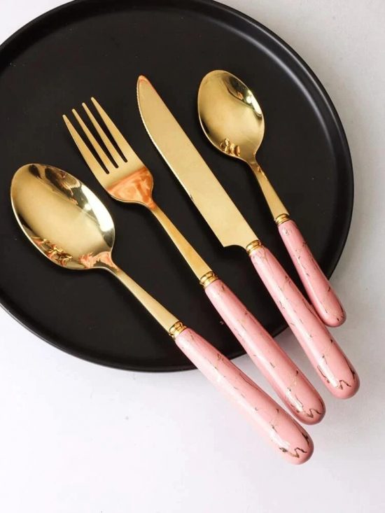 Stainless Steel Gold Cutlery Set with Pink Marble Pattern Handle - 24 pcs | Fork and Spoons Sets
