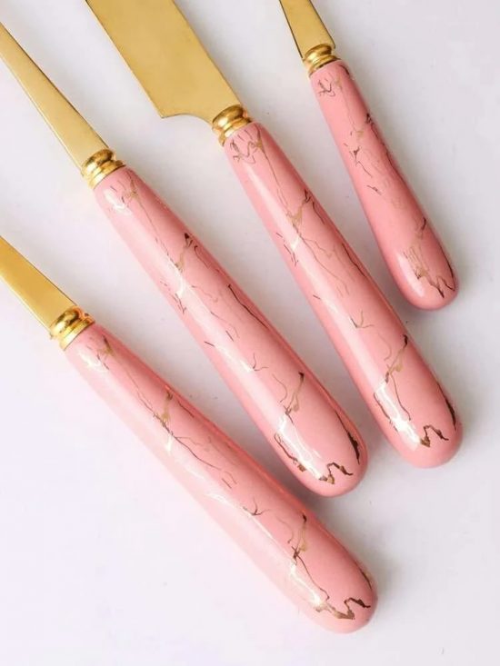 Stainless Steel Gold Cutlery Set with Pink Marble Pattern Handle - 24 pcs | Fork and Spoons Sets