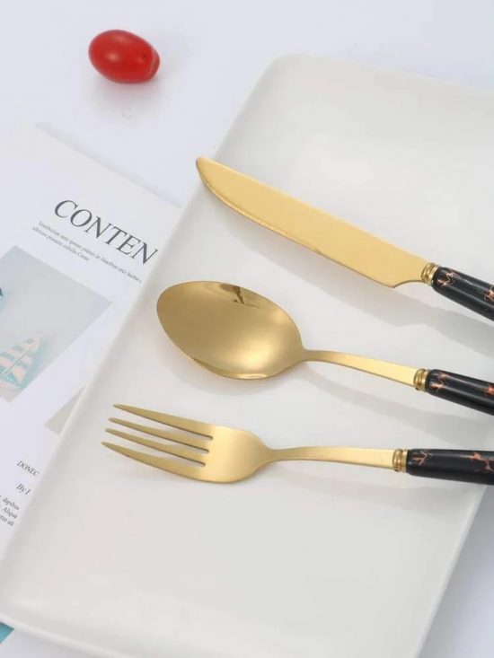 Stainless Steel Gold Cutlery Set With Black Marble Pattern Handle - 24 Pcs | Kitchenware Cutlery Set