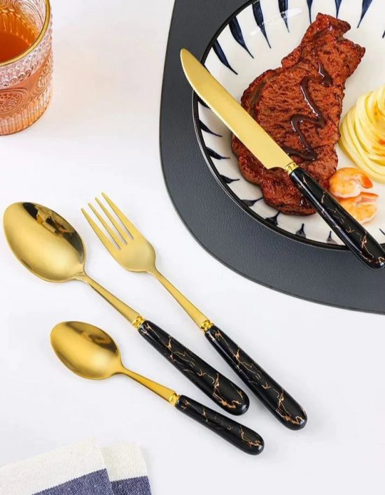 Stainless Steel Gold Cutlery Set With Black Marble Pattern Handle - 24 Pcs | Kitchenware Cutlery Set