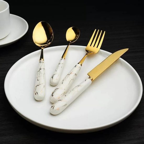 Stainless Steel Gold Cutlery Set With White Marble Pattern Handle - 24 Pcs | Kitchenware Cutlery Set