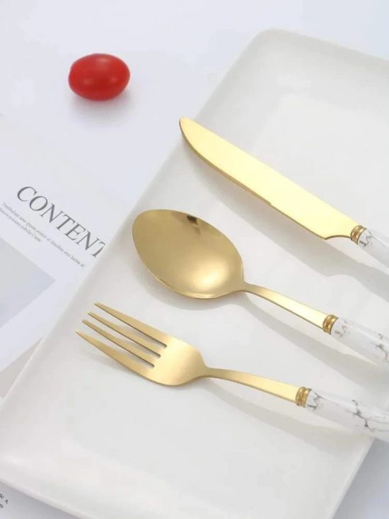 Stainless Steel Gold Cutlery Set With White Marble Pattern Handle - 24 Pcs | Kitchenware Cutlery Set