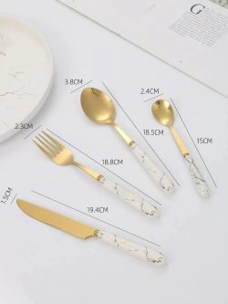 Stainless Steel Gold Cutlery Set With White Marble Pattern Handle - 24 Pcs | Kitchenware Cutlery Set