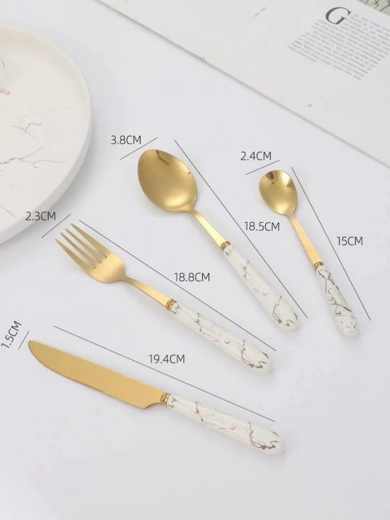 Stainless Steel Gold Cutlery Set With White Marble Pattern Handle - 24 Pcs | Kitchenware Cutlery Set