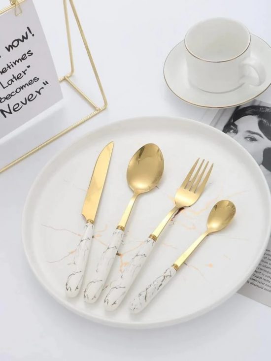 Stainless Steel Gold Cutlery Set With White Marble Pattern Handle - 24 Pcs | Kitchenware Cutlery Set