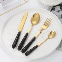 Stainless Steel Gold Cutlery Set With Black Marble Pattern Handle - 24 Pcs | Kitchenware Cutlery Set