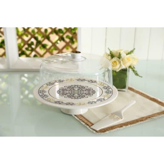 Ceramic Elegant Marble Print Cake Plate with Acrylic Lid